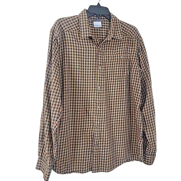Columbia Men’s Flannel Shirt Medium Brown Navy Plaid Long Sleeve Button Up Soft - Picture 3 of 8